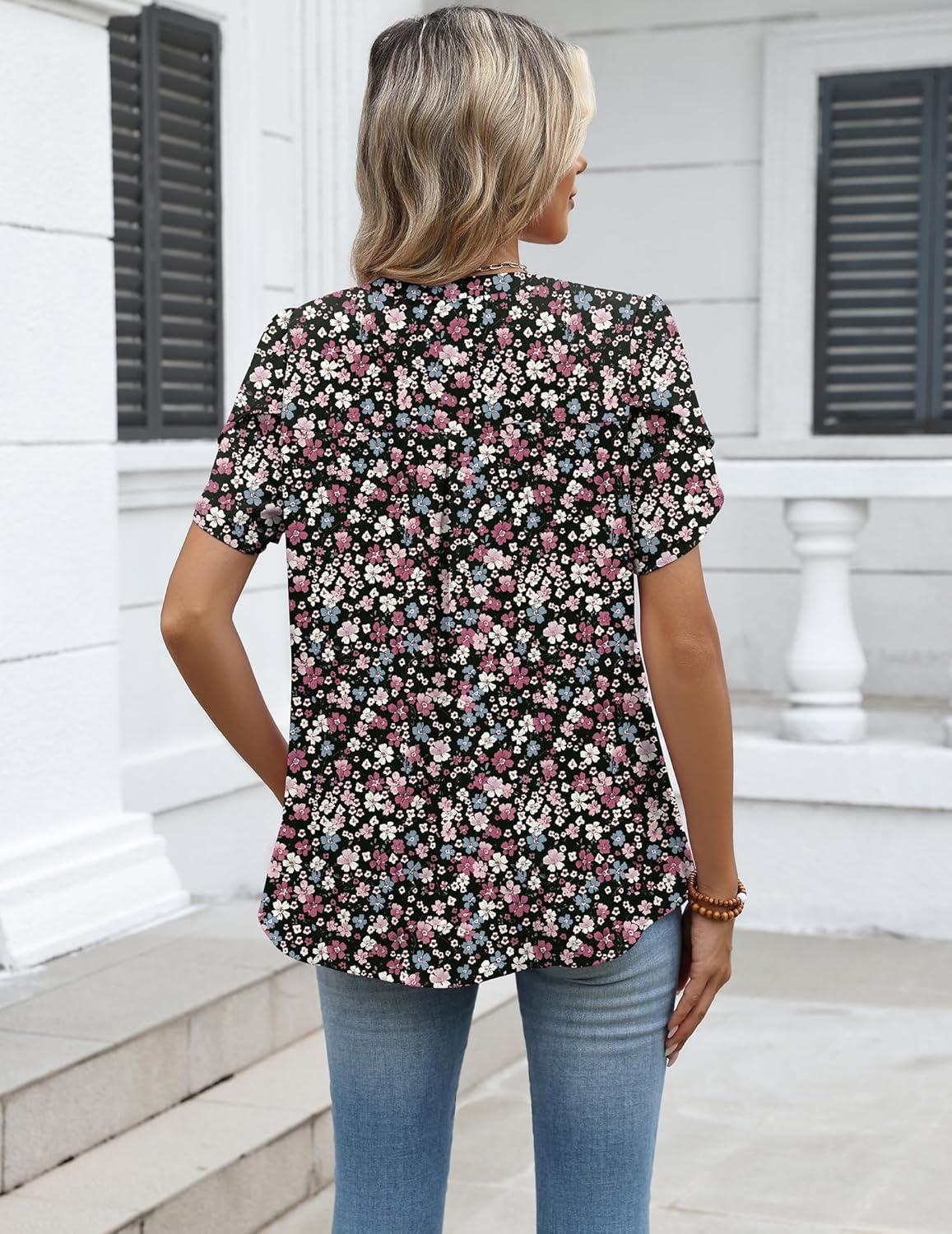 imageZeagoo Womens Dressy Casual Shirts Short Sleeve V Neck Work Blouse Business Casual Summer Chiffon TopsSummer Flower