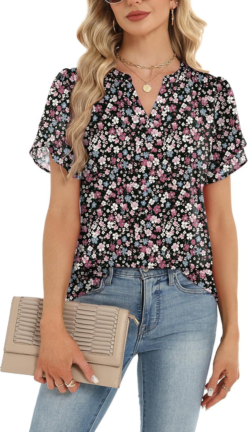 imageZeagoo Womens Dressy Casual Shirts Short Sleeve V Neck Work Blouse Business Casual Summer Chiffon TopsSummer Flower