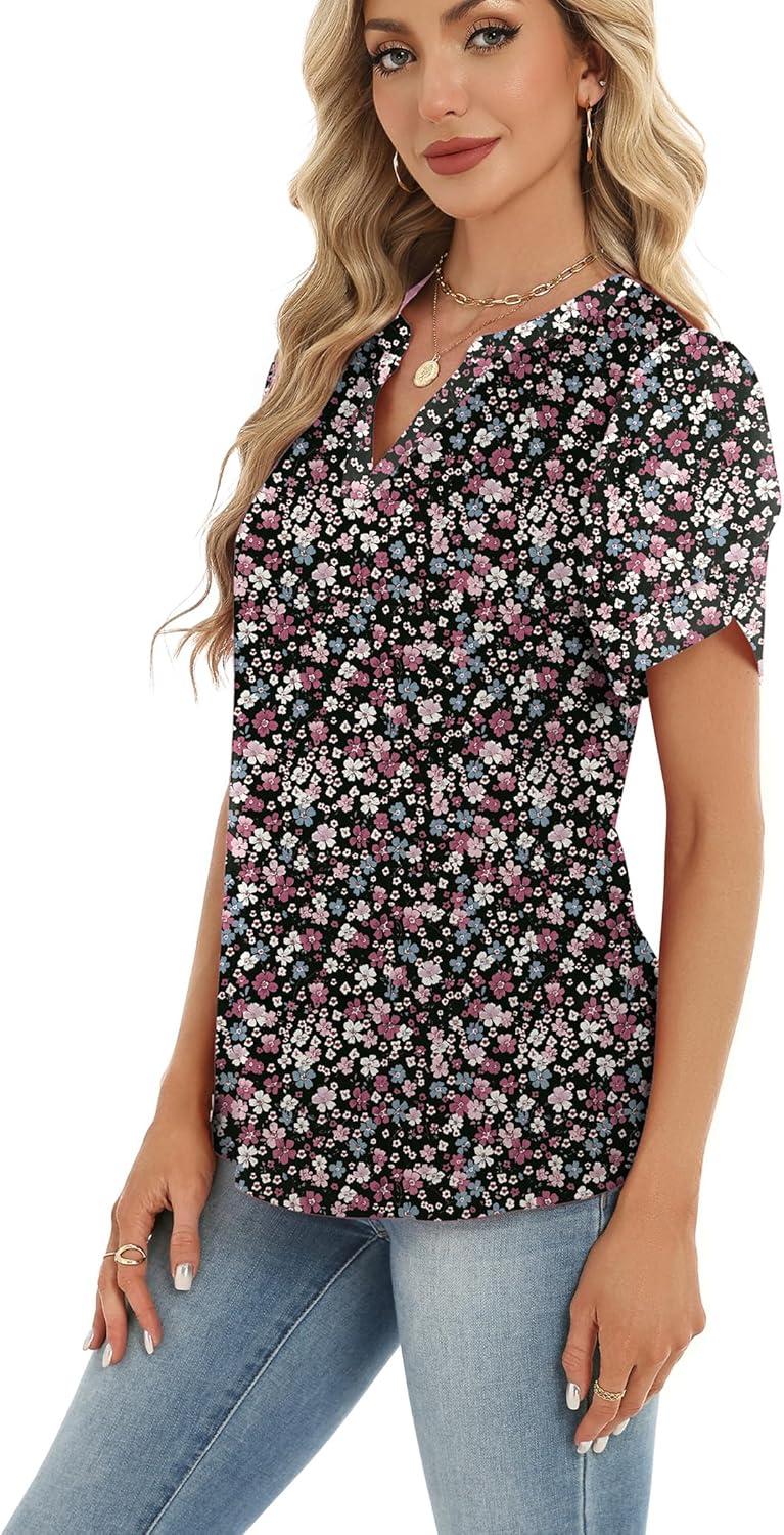 imageZeagoo Womens Dressy Casual Shirts Short Sleeve V Neck Work Blouse Business Casual Summer Chiffon TopsSummer Flower