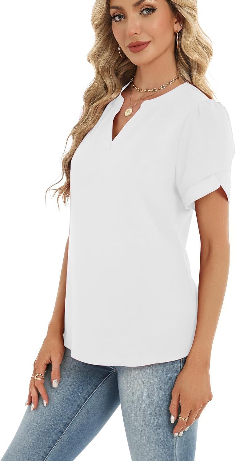 imageZeagoo Womens Dressy Casual Shirts Short Sleeve V Neck Work Blouse Business Casual Summer Chiffon TopsWhite