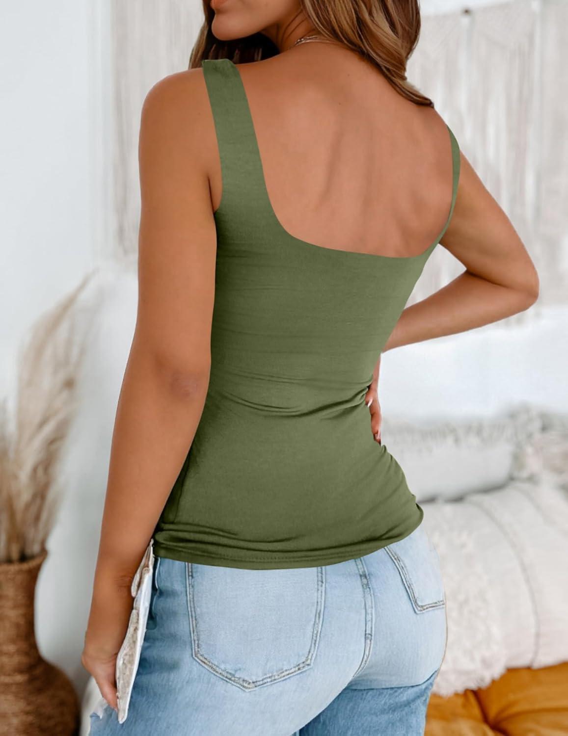 imageZeagoo Womens Square Neck Double Lined Tank Tops Cute Summer Tops Seamless Slim Fit Basic Sleeveless ShirtsArmy Green