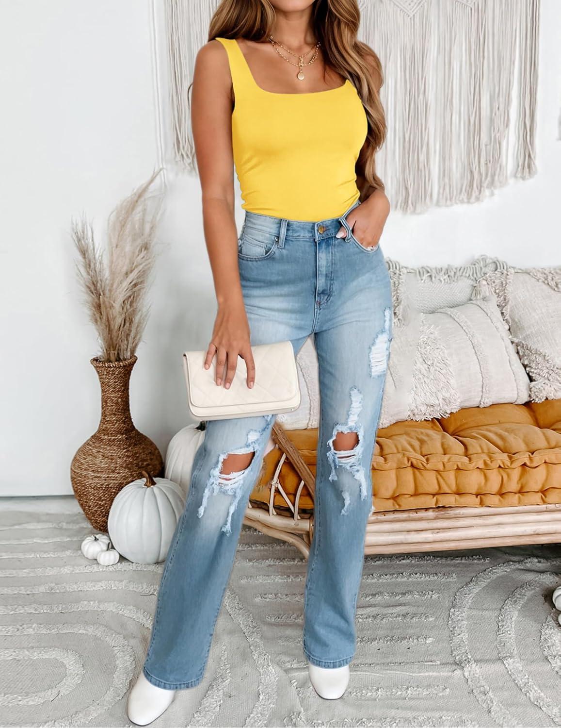 imageZeagoo Womens Square Neck Double Lined Tank Tops Cute Summer Tops Seamless Slim Fit Basic Sleeveless ShirtsYellow