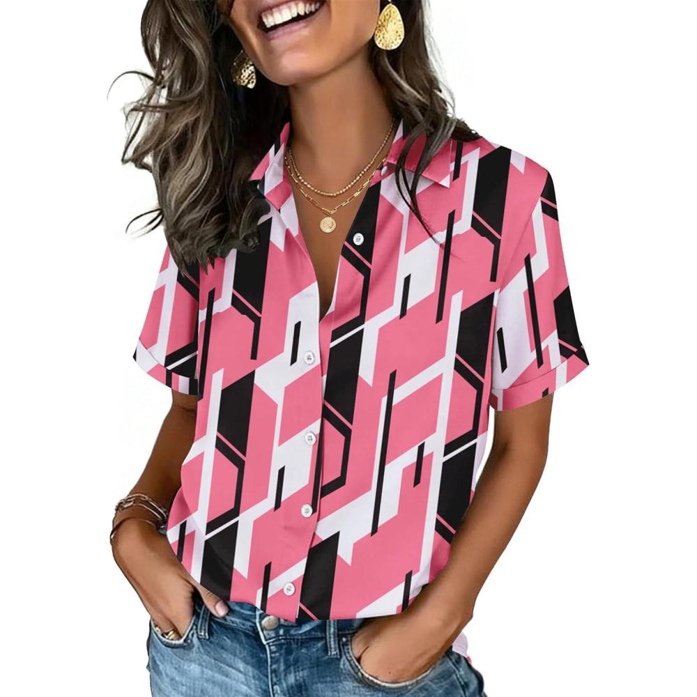 imageZeagoo Button Down Shirts for Women Short Sleeve Collared Tops Dressy Casual V Neck BlousesJh603pink