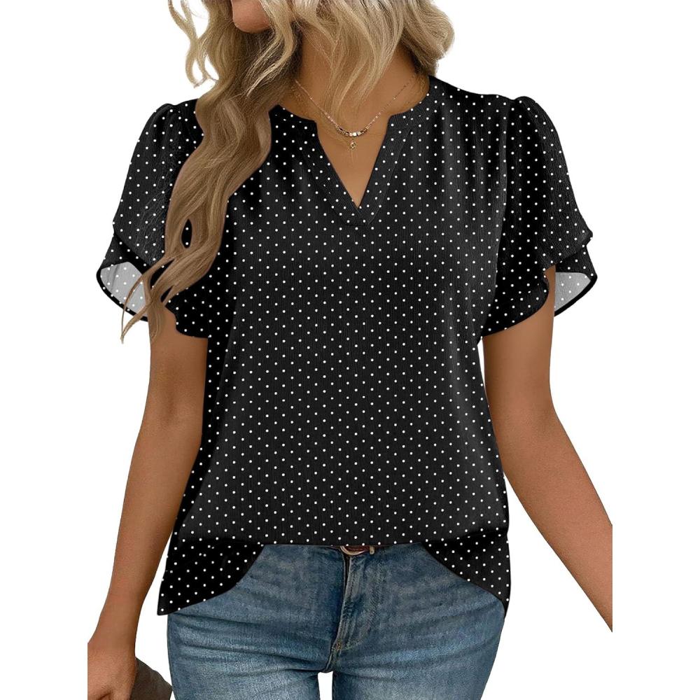 imageZeagoo Womens Dressy Casual Shirts Short Sleeve V Neck Work Blouse Business Casual Summer Chiffon TopsBlack Polka Dots