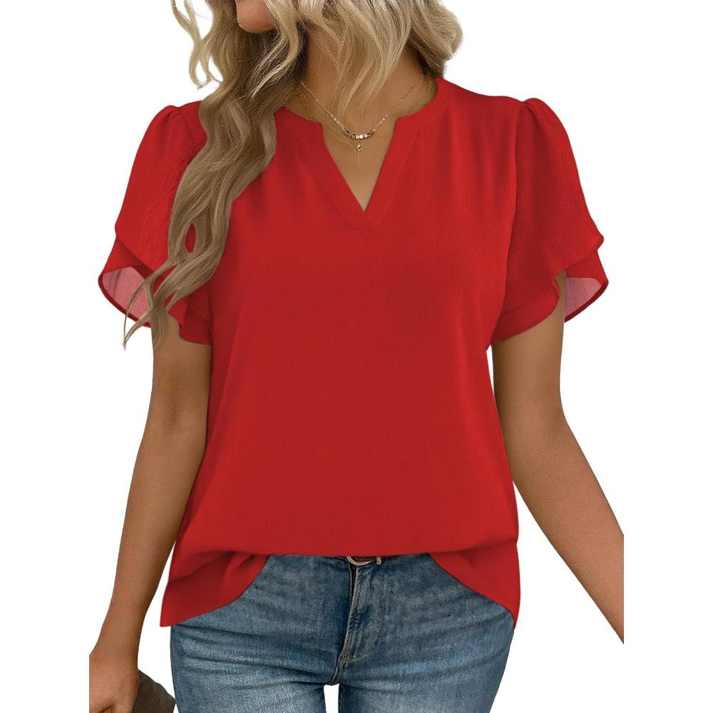 imageZeagoo Womens Dressy Casual Shirts Short Sleeve V Neck Work Blouse Business Casual Summer Chiffon TopsRed