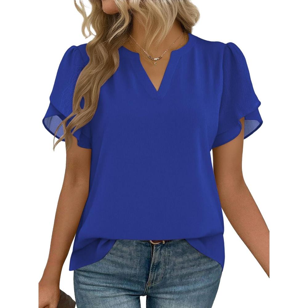 imageZeagoo Womens Dressy Casual Shirts Short Sleeve V Neck Work Blouse Business Casual Summer Chiffon TopsRoyal Blue