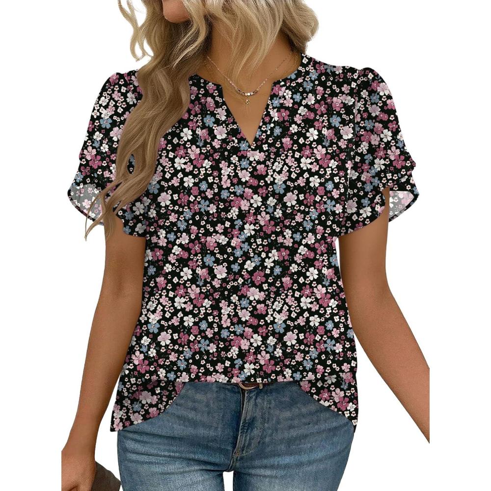 imageZeagoo Womens Dressy Casual Shirts Short Sleeve V Neck Work Blouse Business Casual Summer Chiffon TopsSummer Flower