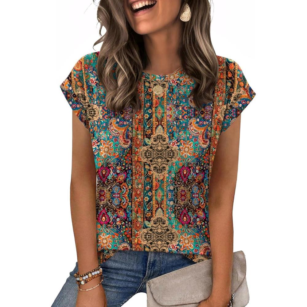 imageZeagoo Womens Tops Summer Casual Cap Sleeve Tshirts Shirts Business Dressy Spring Fashion Outfits Trendy ClothesBrown Boho Print