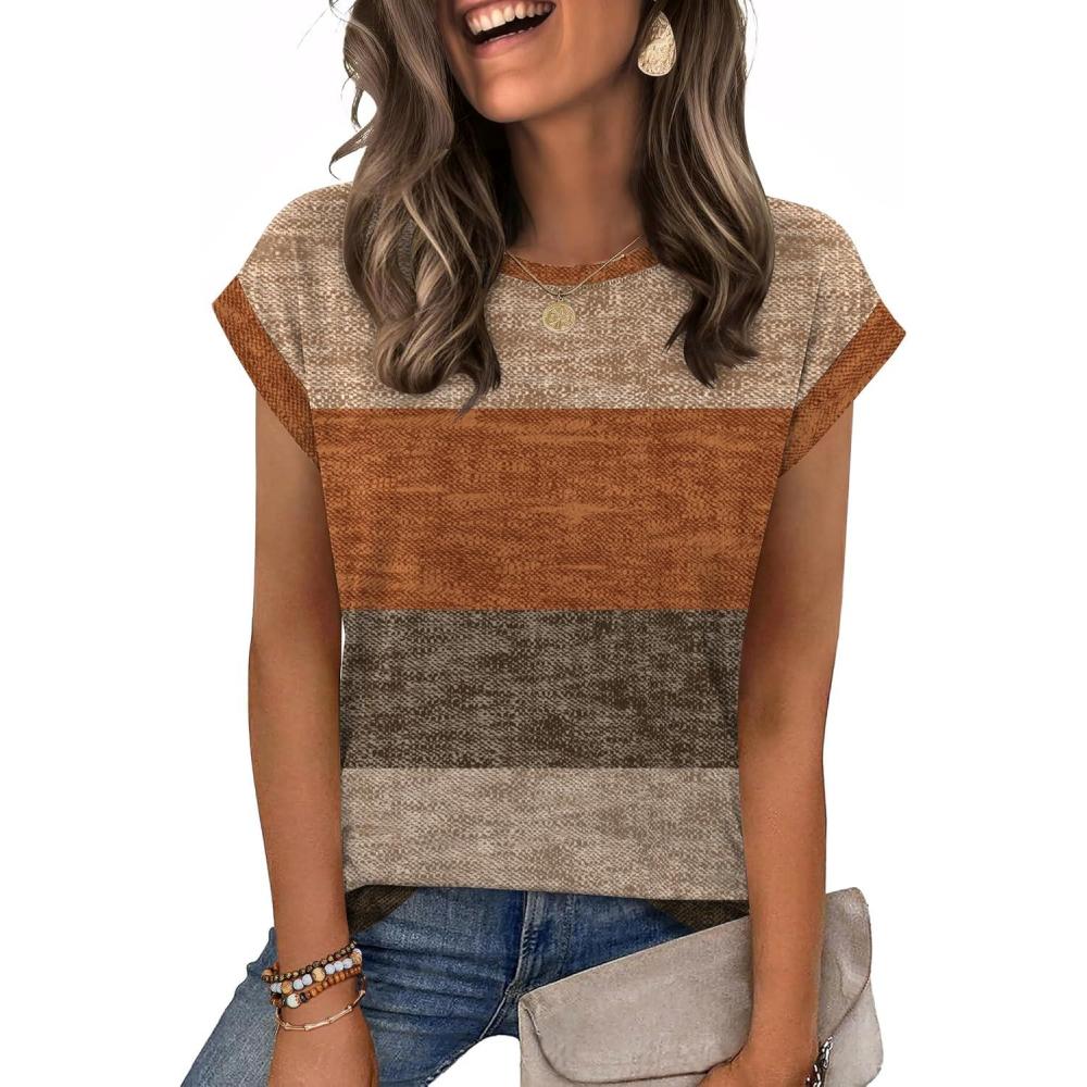 imageZeagoo Womens Tops Summer Casual Cap Sleeve Tshirts Shirts Business Dressy Spring Fashion Outfits Trendy ClothesFall Weave Stripe