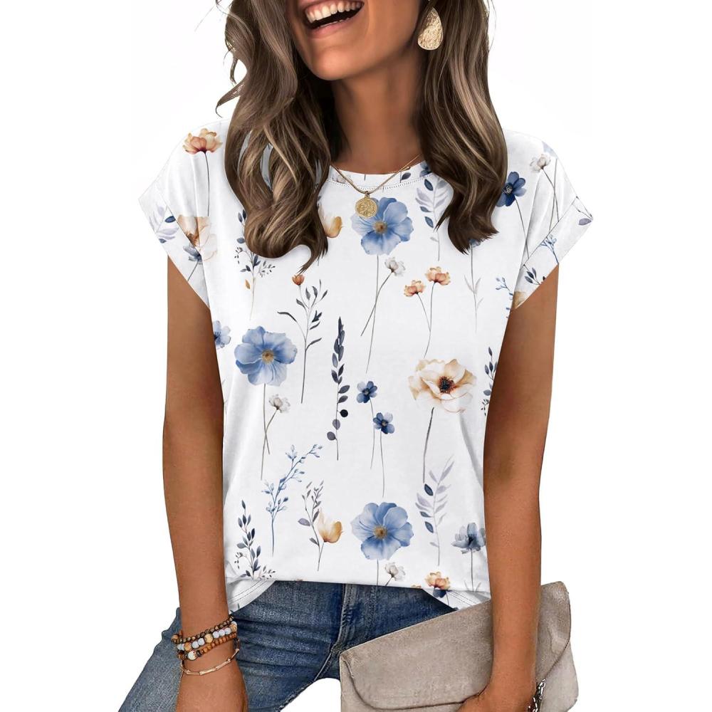 imageZeagoo Womens Tops Summer Casual Cap Sleeve Tshirts Shirts Business Dressy Spring Fashion Outfits Trendy ClothesWhite Floral
