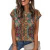 Zeagoo Womens Tops Summer Casual Cap Sleeve Tshirts Shirts Business Dressy Spring Fashion Outfits Trendy Clothes(Brown Boho Print)