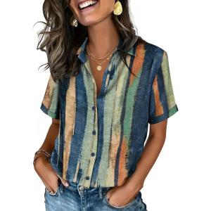 Zeagoo Button Down Shirts for Women Short Sleeve Collared Tops Dressy Casual V Neck Blouses(Cx289-multicolored)