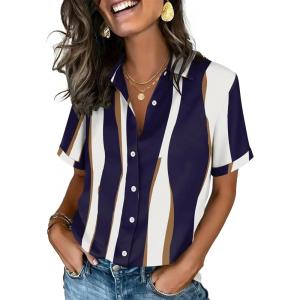 Zeagoo Button Down Shirts for Women Short Sleeve Collared Tops Dressy Casual V Neck Blouses(Cx327-graphics)