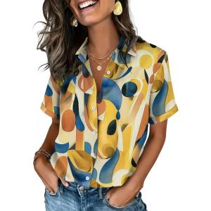 Zeagoo Button Down Shirts for Women Short Sleeve Collared Tops Dressy Casual V Neck Blouses(Jh579-multicolored)