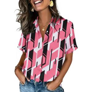 Zeagoo Button Down Shirts for Women Short Sleeve Collared Tops Dressy Casual V Neck Blouses(Jh603-pink)