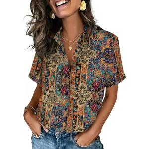 Zeagoo Button Down Shirts for Women Short Sleeve Collared Tops Dressy Casual V Neck Blouses(Mz721-multicolored)