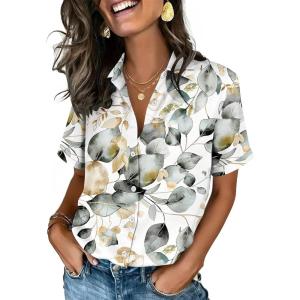 Zeagoo Button Down Shirts for Women Short Sleeve Collared Tops Dressy Casual V Neck Blouses(Sp99-green Leaves)