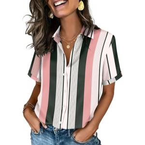 Zeagoo Button Down Shirts for Women Short Sleeve Collared Tops Dressy Casual V Neck Blouses(Tz264)