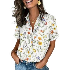 Zeagoo Button Down Shirts for Women Short Sleeve Collared Tops Dressy Casual V Neck Blouses(Xh403-yellow Flowers)