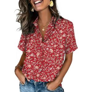 Zeagoo Button Down Shirts for Women Short Sleeve Collared Tops Dressy Casual V Neck Blouses(Xh546-red)