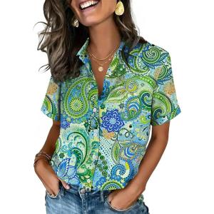 Zeagoo Button Down Shirts for Women Short Sleeve Collared Tops Dressy Casual V Neck Blouses(Yg2-multicolored)