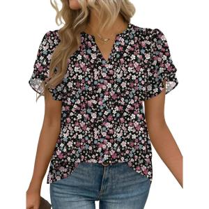 Zeagoo Womens Dressy Casual Shirts Short Sleeve V Neck Work Blouse Business Casual Summer Chiffon Tops(Summer Flower)