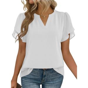 Zeagoo Womens Dressy Casual Shirts Short Sleeve V Neck Work Blouse Business Casual Summer Chiffon Tops(White)