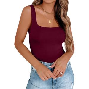 Zeagoo Women’s Square Neck Double Lined Tank Tops Cute Summer Tops Seamless Slim Fit Basic Sleeveless Shirts(Wine Red)