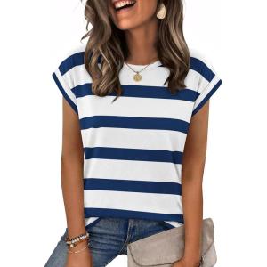 Zeagoo Womens Tops Summer Casual Cap Sleeve Tshirts Shirts Business Dressy Spring Fashion Outfits Trendy Clothes(Blue White Striped)