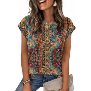 Zeagoo Womens Tops Summer Casual Cap Sleeve Tshirts Shirts Business Dressy Spring Fashion Outfits Trendy Clothes(Brown Boho Print)