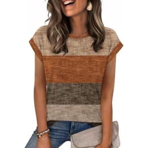Zeagoo Womens Tops Summer Casual Cap Sleeve Tshirts Shirts Business Dressy Spring Fashion Outfits Trendy Clothes(Fall Weave Stripe)