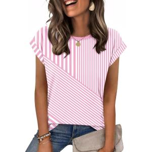 Zeagoo Womens Tops Summer Casual Cap Sleeve Tshirts Shirts Business Dressy Spring Fashion Outfits Trendy Clothes(Pink Stripes)