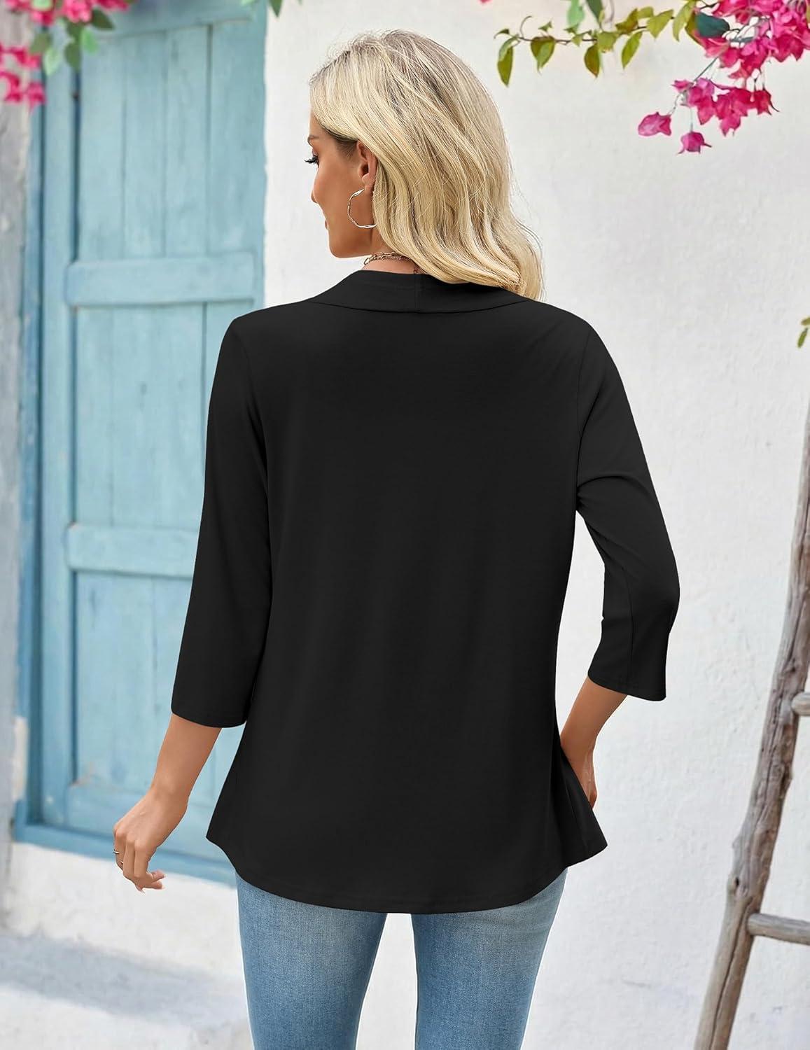 imageZeagoo Womens 2026 Summer 34 Sleeve Lightweight Cardigans Open Front Draped Ruffles Kimono CoverupsAblack