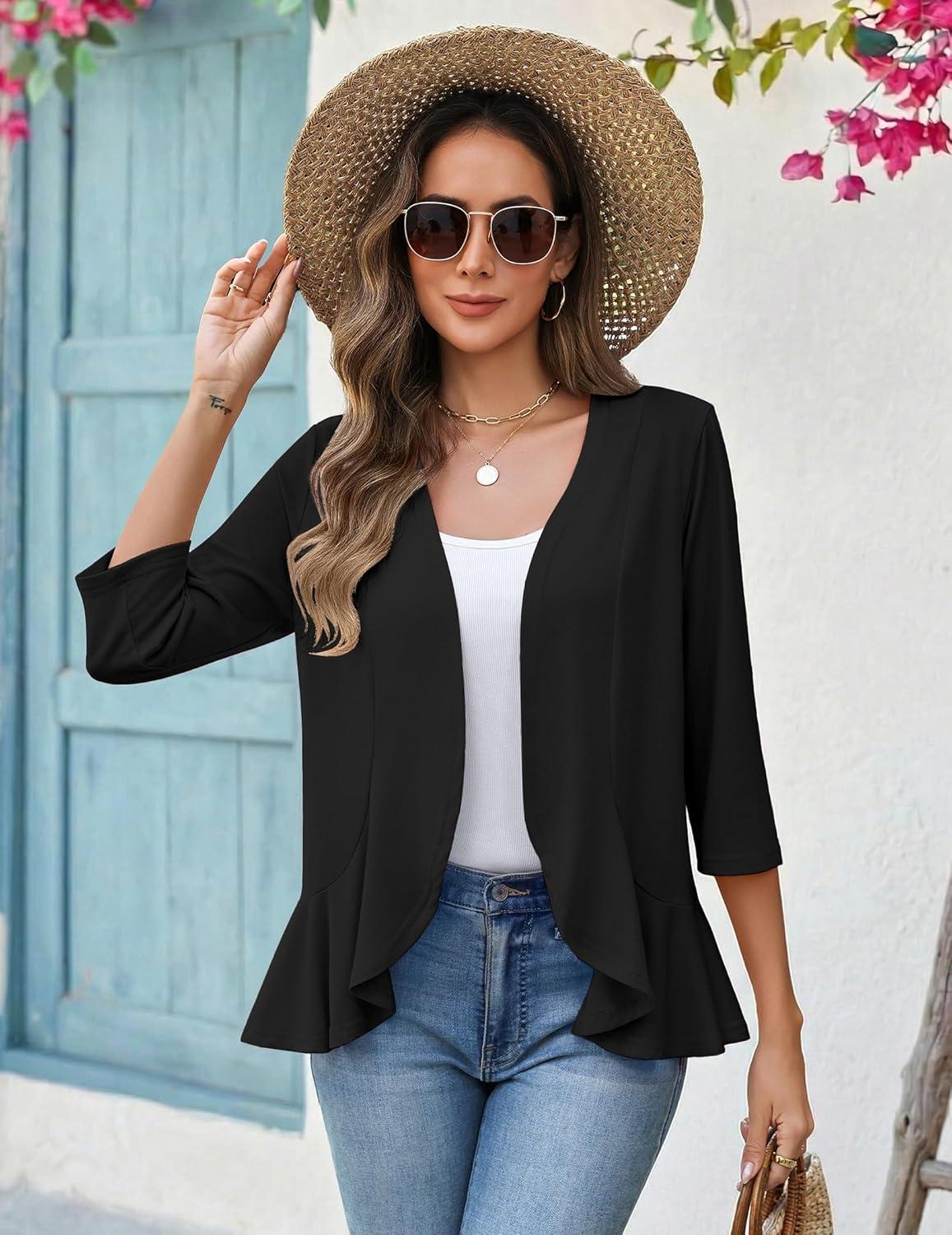 imageZeagoo Womens 2026 Summer 34 Sleeve Lightweight Cardigans Open Front Draped Ruffles Kimono CoverupsAblack
