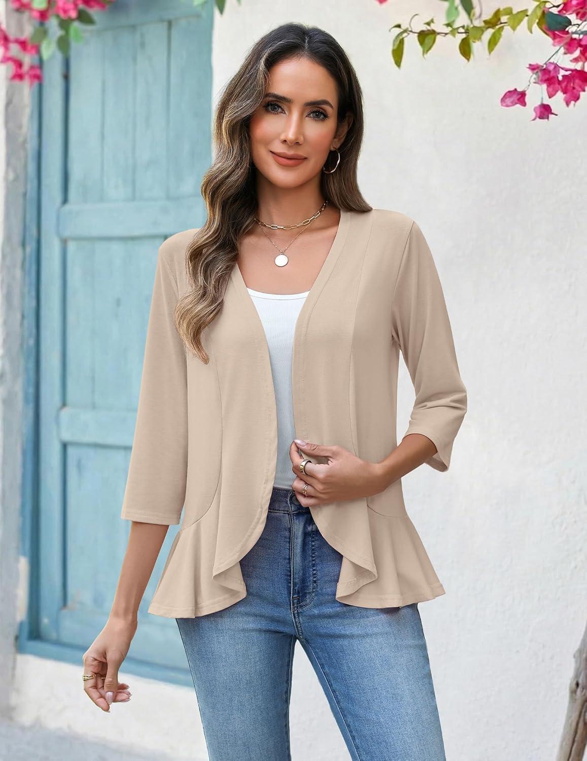 imageZeagoo Womens 2026 Summer 34 Sleeve Lightweight Cardigans Open Front Draped Ruffles Kimono CoverupsKhaki