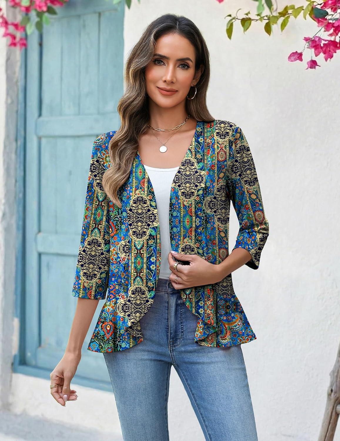 imageZeagoo Womens 2026 Summer 34 Sleeve Lightweight Cardigans Open Front Draped Ruffles Kimono CoverupsMz779