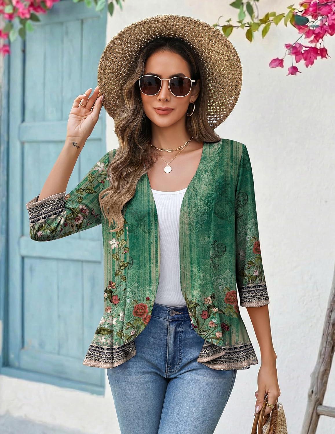 imageZeagoo Womens 2026 Summer 34 Sleeve Lightweight Cardigans Open Front Draped Ruffles Kimono CoverupsMz839