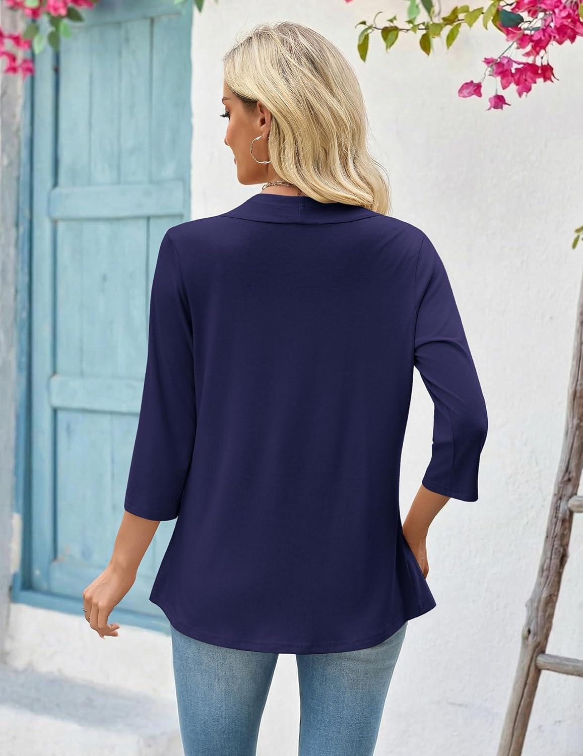 imageZeagoo Womens 2026 Summer 34 Sleeve Lightweight Cardigans Open Front Draped Ruffles Kimono CoverupsNavy Blue