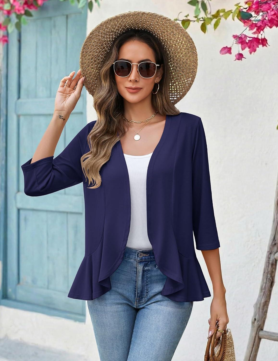 imageZeagoo Womens 2026 Summer 34 Sleeve Lightweight Cardigans Open Front Draped Ruffles Kimono CoverupsNavy Blue