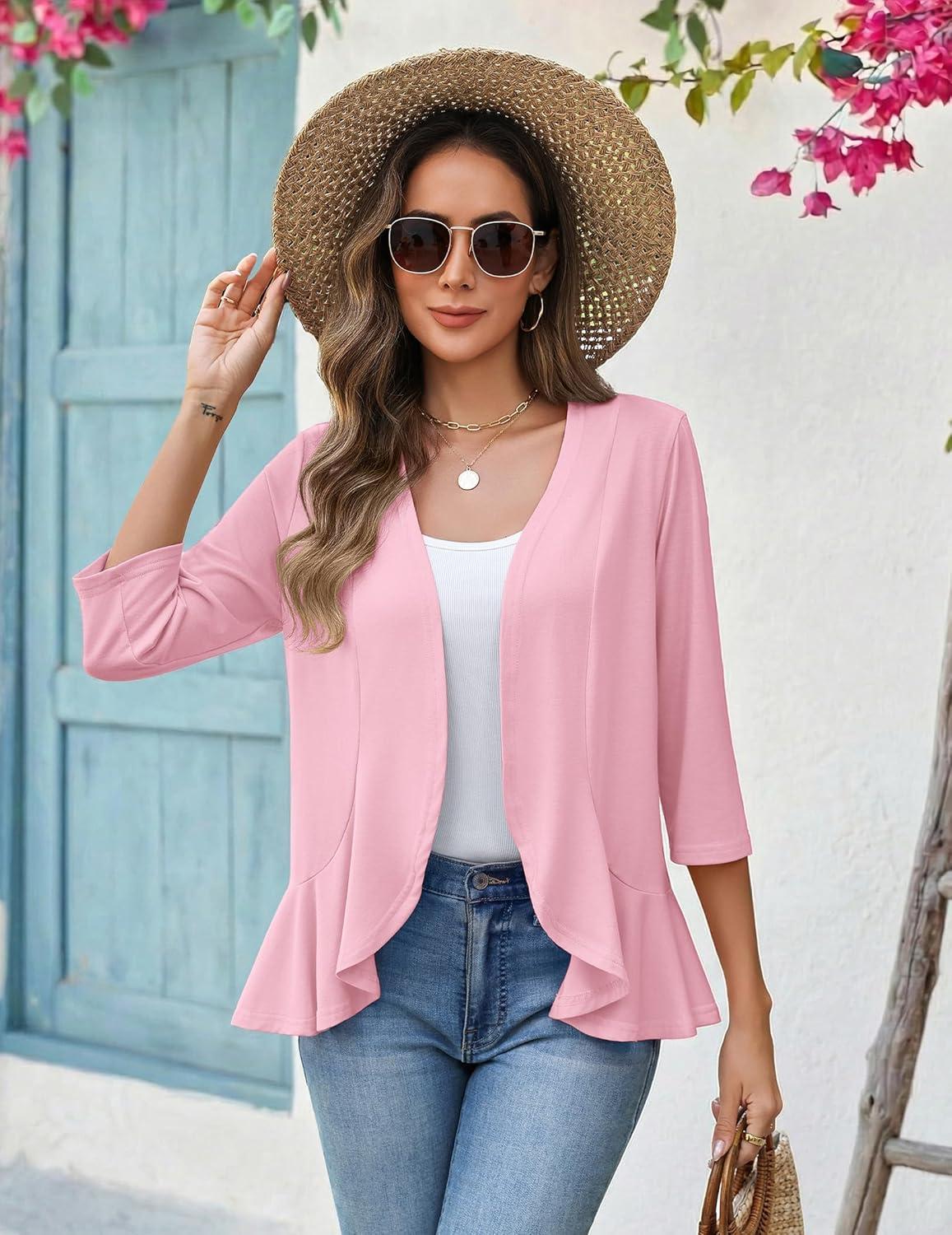 imageZeagoo Womens 2026 Summer 34 Sleeve Lightweight Cardigans Open Front Draped Ruffles Kimono CoverupsPink