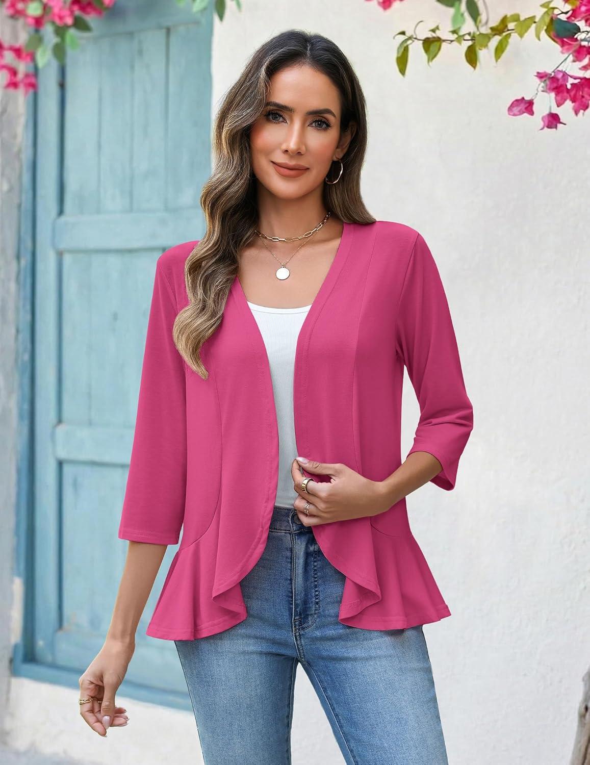 imageZeagoo Womens 2026 Summer 34 Sleeve Lightweight Cardigans Open Front Draped Ruffles Kimono CoverupsRose
