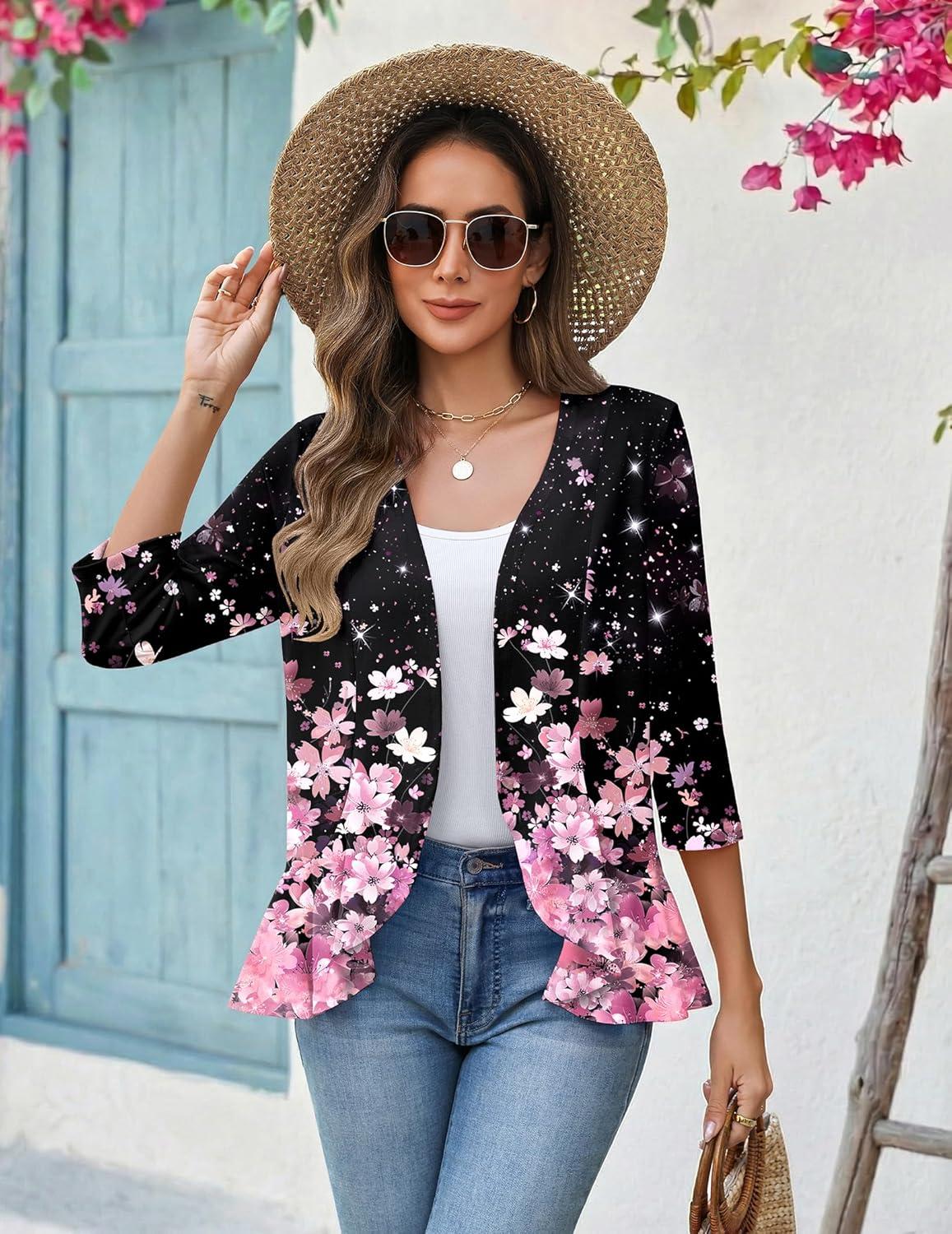 imageZeagoo Womens 2026 Summer 34 Sleeve Lightweight Cardigans Open Front Draped Ruffles Kimono CoverupsSf31