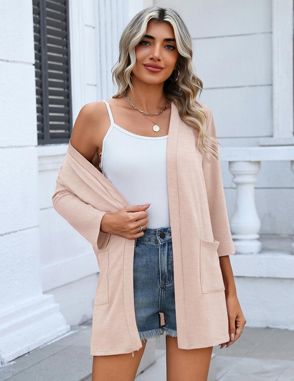imageZeagoo Womens Casual Lightweight Cardigan 34 Sleeve Open Front Loose Thin Cardigans with PocketsChampagne