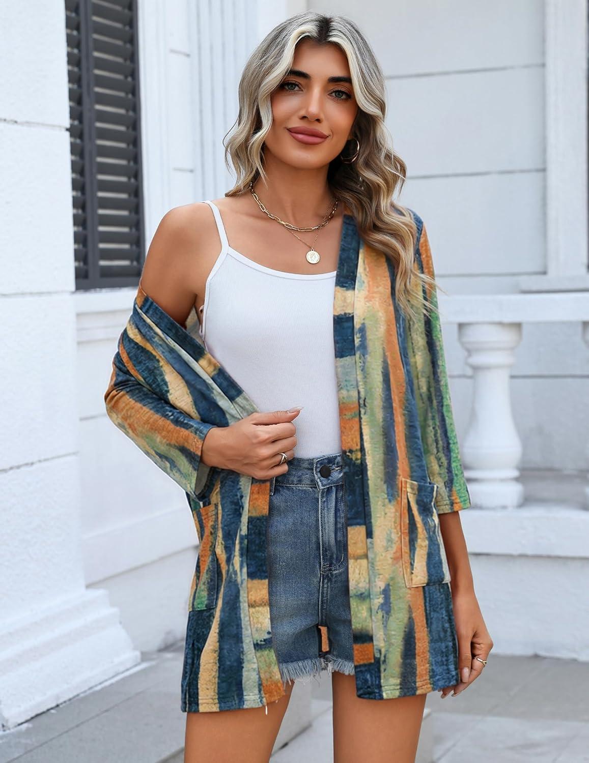 imageZeagoo Womens Casual Lightweight Cardigan 34 Sleeve Open Front Loose Thin Cardigans with PocketsCx289