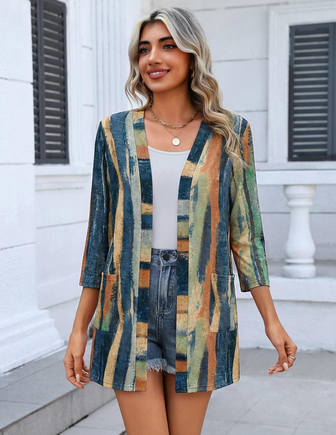 imageZeagoo Womens Casual Lightweight Cardigan 34 Sleeve Open Front Loose Thin Cardigans with PocketsCx289