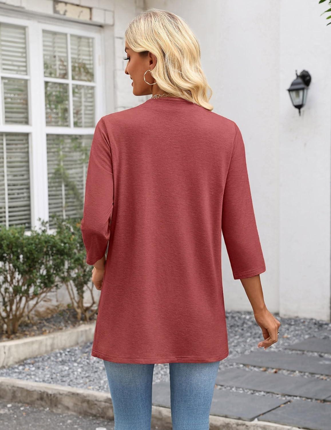 imageZeagoo Womens Casual Lightweight Cardigan 34 Sleeve Open Front Loose Thin Cardigans with PocketsDeep Red