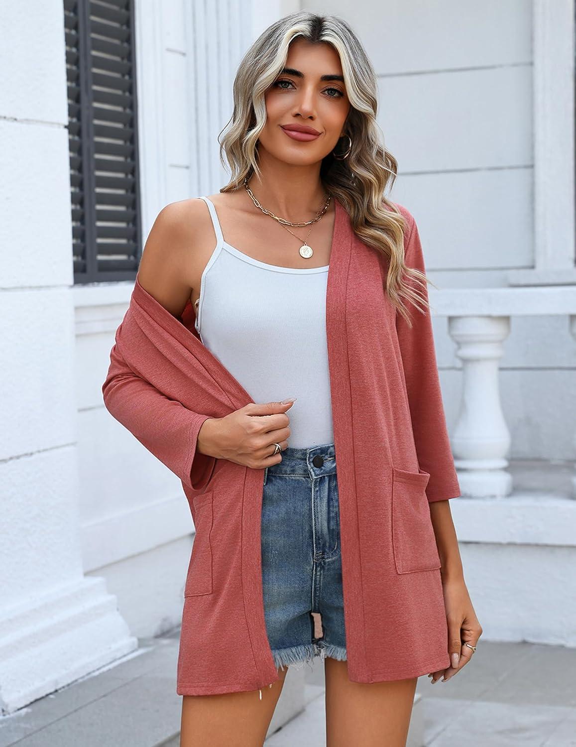 imageZeagoo Womens Casual Lightweight Cardigan 34 Sleeve Open Front Loose Thin Cardigans with PocketsDeep Red