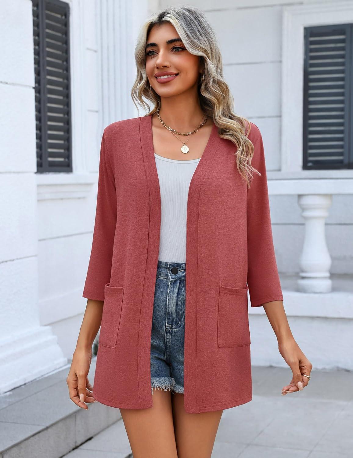 imageZeagoo Womens Casual Lightweight Cardigan 34 Sleeve Open Front Loose Thin Cardigans with PocketsDeep Red