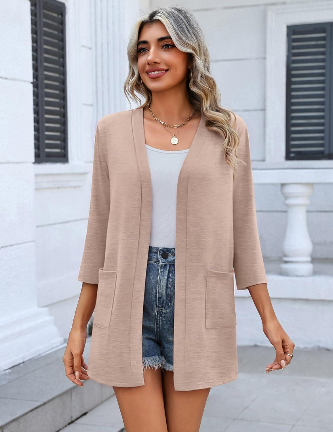 imageZeagoo Womens Casual Lightweight Cardigan 34 Sleeve Open Front Loose Thin Cardigans with PocketsKhaki