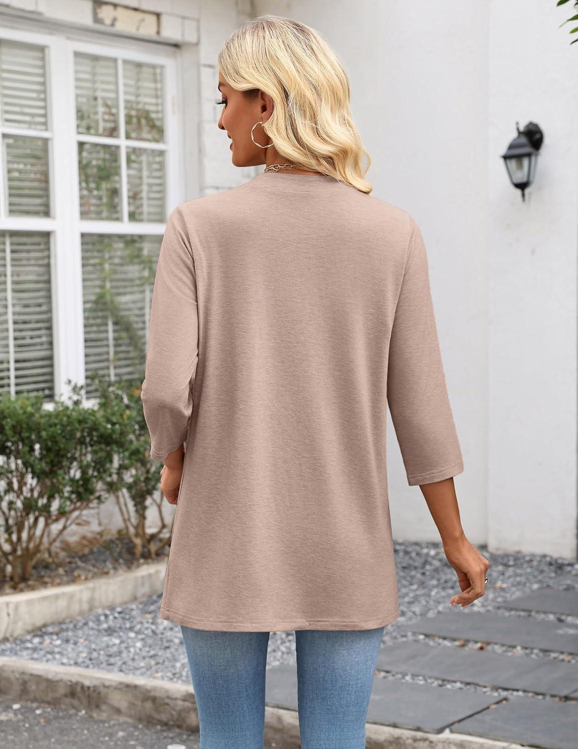 imageZeagoo Womens Casual Lightweight Cardigan 34 Sleeve Open Front Loose Thin Cardigans with PocketsKhaki